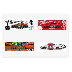 May include: Four rectangular stickers featuring illustrations of race cars. The stickers show cars in red, green, and white, with Japanese text and numbers. The stickers have the words "Tokyo Custom" and "Liberty Walk".