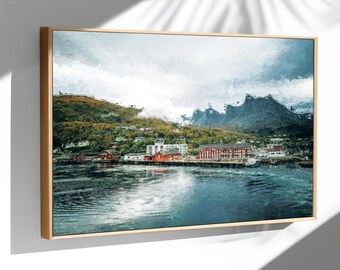 Norwegian Fjord Town – Digital Coastal Landscape Art Wall Art Romantic Painting ART0024