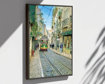 Lissabon Tram Wandkunst - Digitale Malerei, Portugal Straßenszene druckbares Poster, Europa-Reise-Dekor ART0107