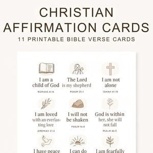 Cartões de Afirmação Cristã | 11 Cartões de Versículos Bíblicos para Imprimir para Encorajamento e Fé | Encartes de Diário ou Flash Cards | Download Digital