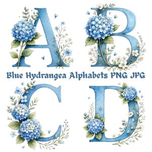 May include: Watercolor illustrations of the letters A, B, C, and D, each in a light blue hue, adorned with blue hydrangea flowers and delicate greenery. The text "Blue Hydrangea Alphabets PNG JPG" is displayed below the letters.