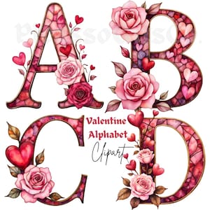 May include: Watercolor Valentine alphabet clipart featuring the letters A, B, C, and D. Each letter is decorated with roses, hearts, and a stained glass effect. The letters have a gold outline and are on a white background.