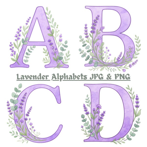 Lavender Alphabets PNG JPG, Watercolor Lavender Monogram Letters A-Z, Purple Botanical Alphabet Clipart, Cottagecore Floral Initials