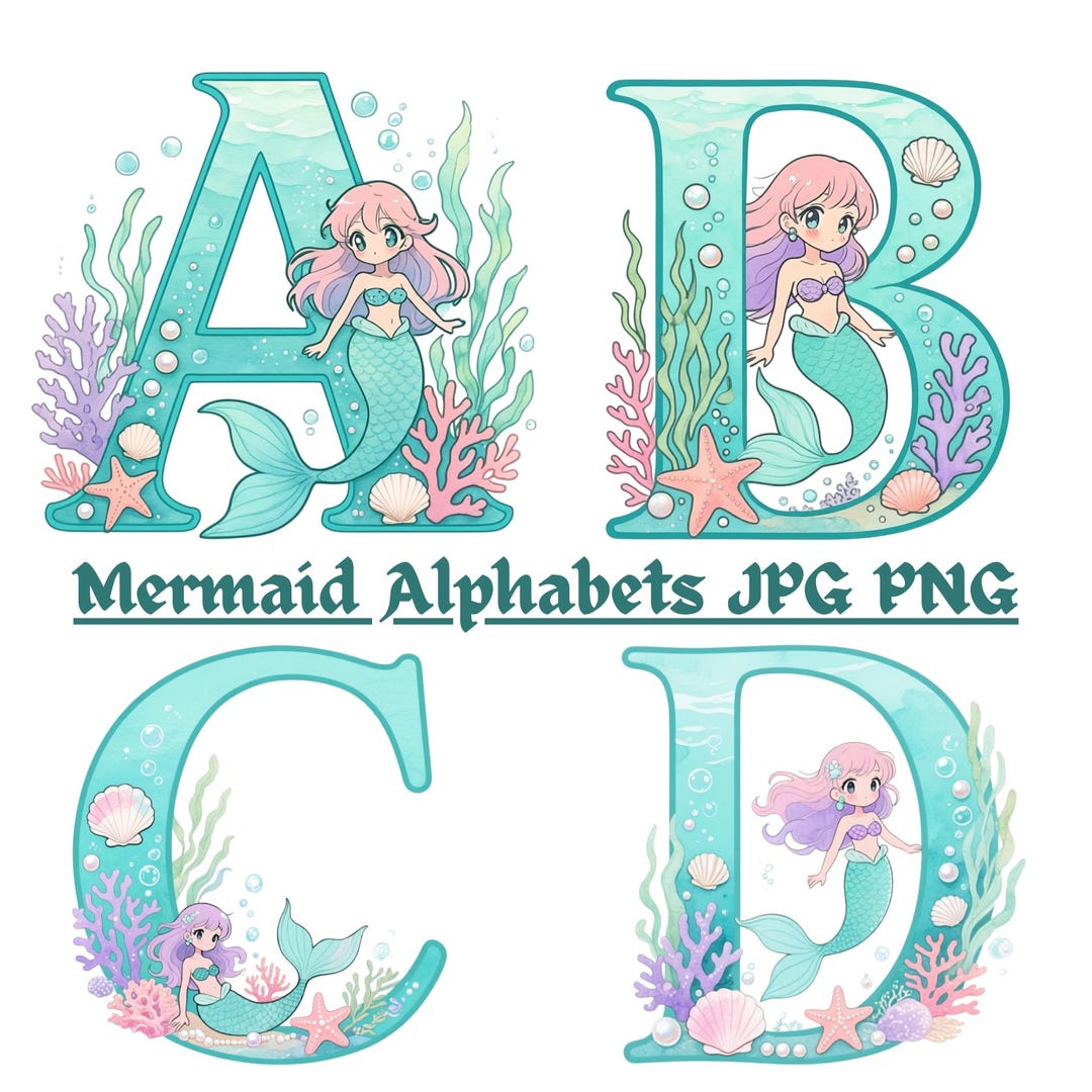 Mermaid Alphabets PNG JPG, Watercolor Ocean Monogram Letters A-Z, Under ...