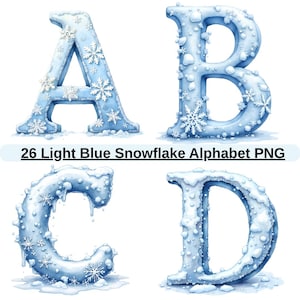 May include: Four light blue alphabet letters, A, B, C, and D, with a snowy effect and snowflake details. The image includes the text "26 Light Blue Snowflake Alphabet PNG".
