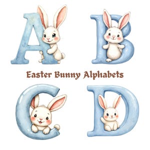 Alphabet lapin de Pâques PNG, aquarelle lapin lettres de A à Z, mignon printemps Alphabet Clipart, lettres de Pâques PNG, téléchargement numérique