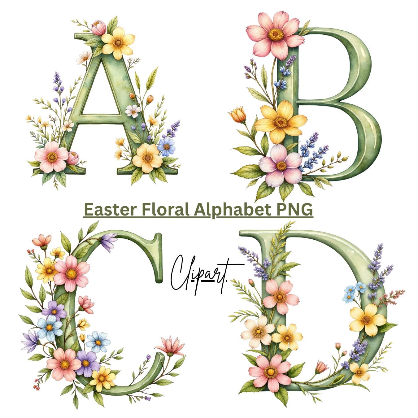 Floral Spring Alphabet PNG A-Z Bundle, Watercolor Easter Flower Letters ...
