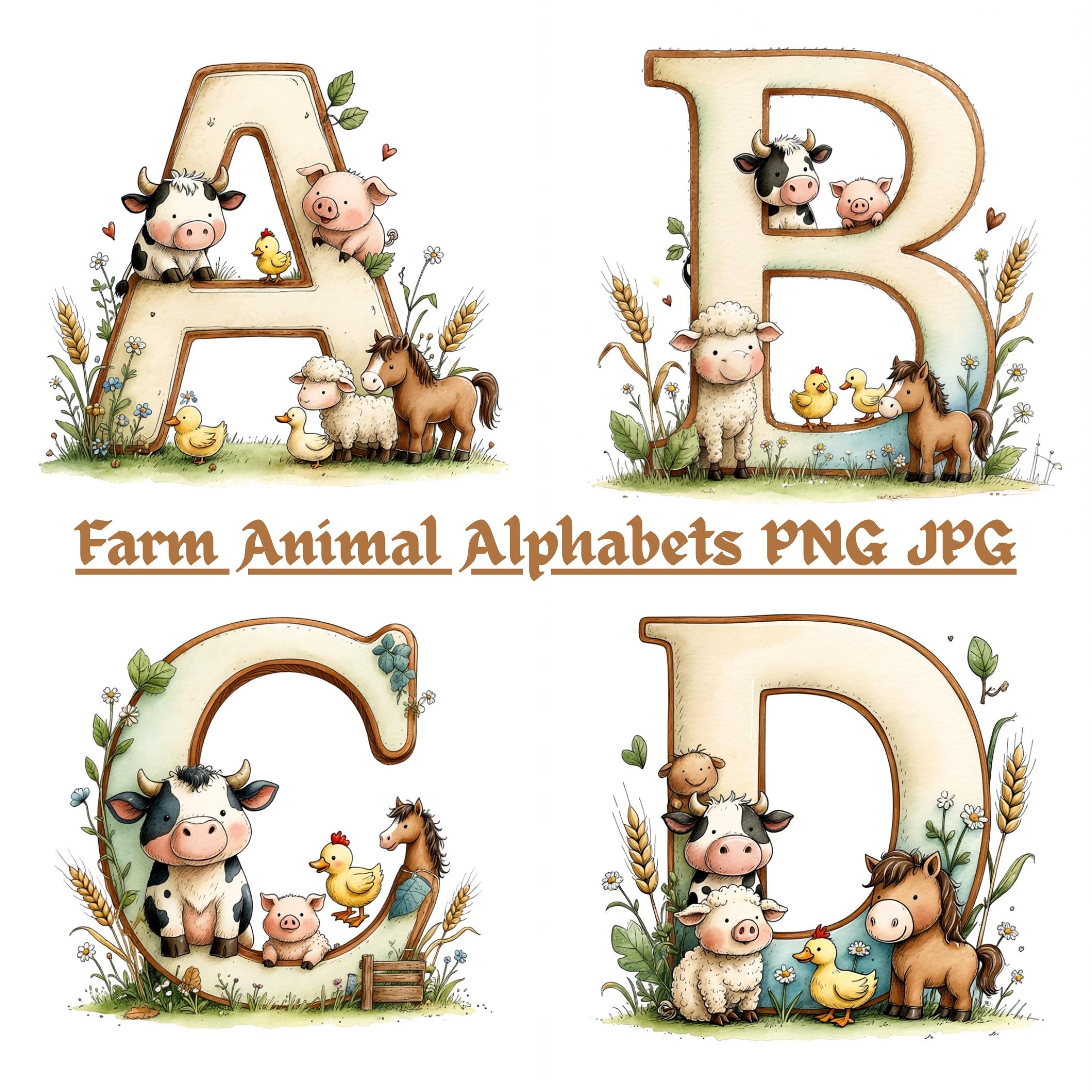 Puede incluir: Ilustración en acuarela de las letras A, B, C y D, cada una decorada con animales de granja. Las letras son de color beige con un borde marrón claro y están rodeadas de trigo, flores y vegetación. El texto "Farm Animal Alphabets PNG JPG" está debajo.