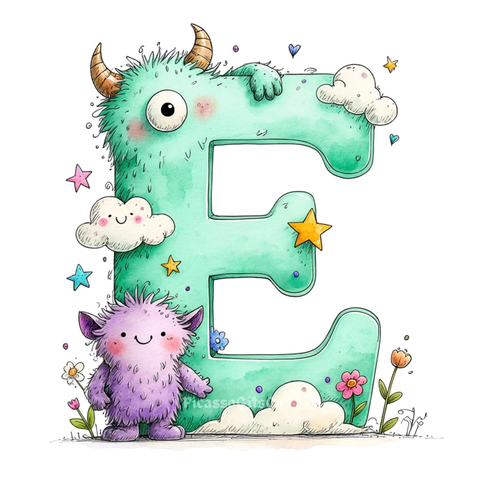 Cute Monster Alphabets PNG JPG, Watercolor Monster Monogram Letters A-Z ...
