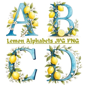May include: Watercolor illustrations of the letters A, B, C, and D, each in a vibrant blue hue. The letters are adorned with yellow lemons, white blossoms, and green leaves. The text "Lemon Alphabets JPG PNG" is displayed below.