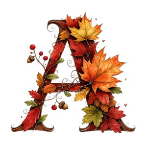 May include: A decorative letter A formed by a collection of autumn maple leaves in shades of red, orange, and yellow, accented with brown acorns, thin curling vines, and small red berries, all rendered in a detailed watercolor illustration style.