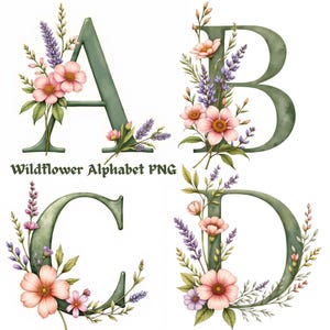 Könnte beinhalten: Aquarellbuchstaben A, B, C und D, jeweils mit floralen Arrangements verziert. Die Buchstaben sind in einem gedämpften Grün gehalten, die Blumen sind rosa, lila und weiß. Der Text "Wildflower Alphabet PNG" steht unter dem Buchstaben A.