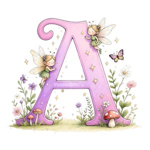 Peut inclure: Illustration fantaisiste de la lettre "A" rose et violette, ornée de fées, d'étoiles, de fleurs et de champignons. Le texte "PicassoGiftsCo." est visible sur la lettre. Un papillon ajoute au thème féerique.