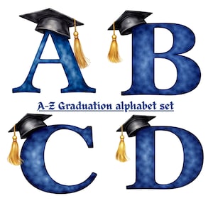 May include: Four blue letters, A, B, C, and D, from the graduation alphabet set, each adorned with a black graduation cap and a gold tassel. The letters have a textured, shaded appearance against a white background.
