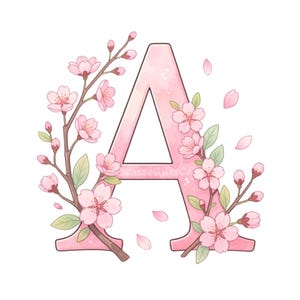 Körsbärsbloms-alfabetet Clipart A-Ö PNG JPG, Sakura blommiga monogrambokstäver, rosa akvarell våralfabet, feminina botaniska initialer
