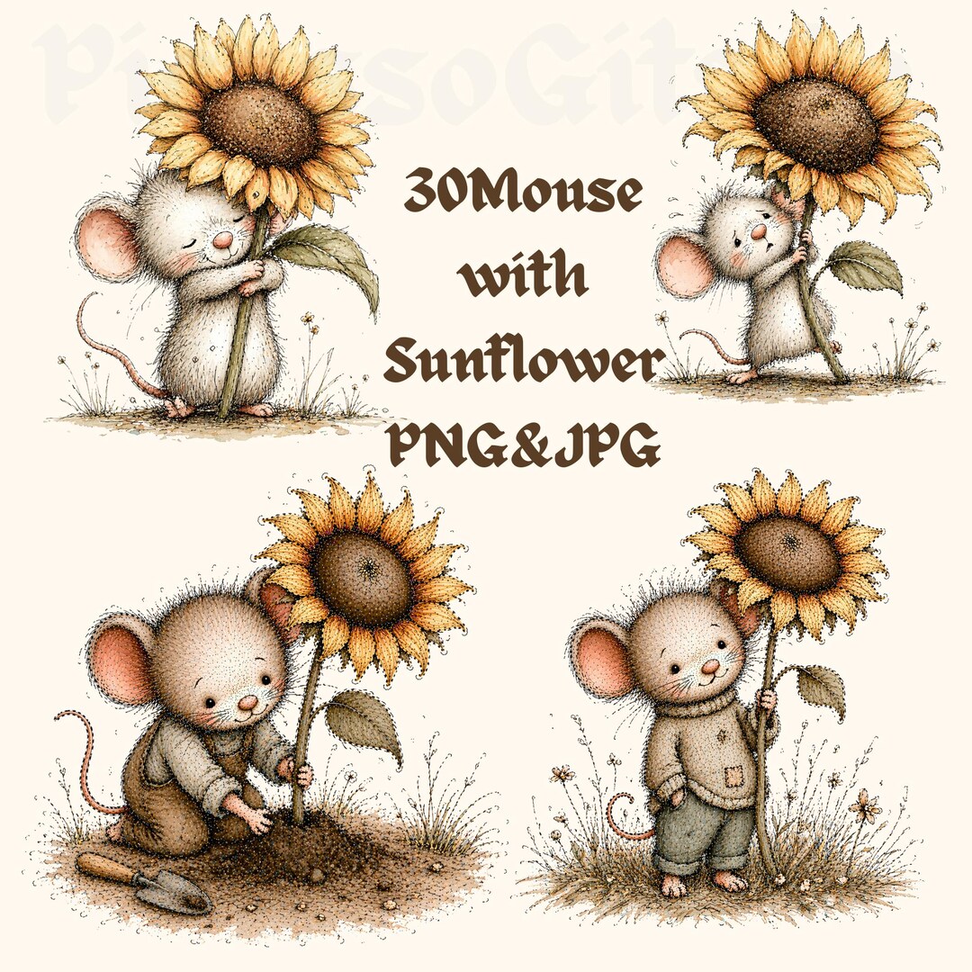 Whimsical Mouse Sunflower Clipart Bundle, Cute Watercolor Mouse PNG ...