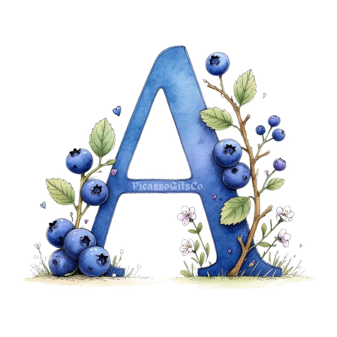 Blueberry Alphabets PNG JPG, Watercolor Blueberry Monogram Letters A-Z ...
