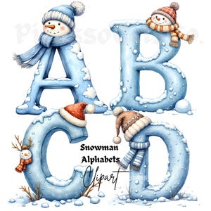 May include: A watercolour illustration of the letters A, B, C, and D, each designed in a light blue, snowy style. Each letter is decorated with a snowman wearing a hat and scarf. The image includes the text "Snowman Alphabets Clipart."