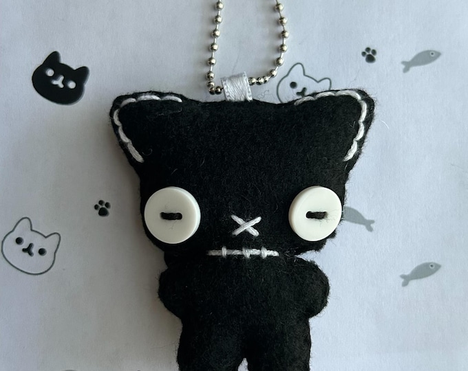 black midnight kitty felt plush keychain