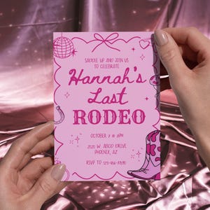 Last Rodeo Cowgirl Western Pink Bachelorette Party Invitation Template Editable Canva Customizable