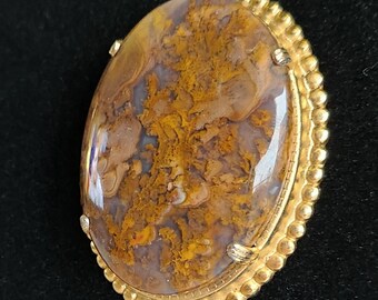 Vintage Brown Mauve Pietersite Stone Goldtone Pendant Necklace on Gold-Plated Sterling Silver Chain