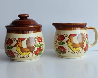 Vintage Japanese Brown Yellow Tan Ceramic Rooster Matching Creamer and Covered Sugar Bowl Set