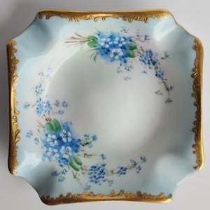Vintage Handmade Blue and White Ceramic Ashtray - Hand-painted with Gold Trim and Delicate Flowers Living Room Home Decor
