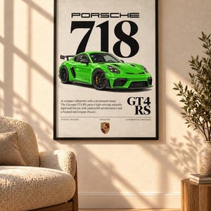 Plakat Porsche 718 Cayman GT4 RS | Grafika ścienna z zielonym samochodem sportowym w kolorze Python (do pobrania cyfrowego)