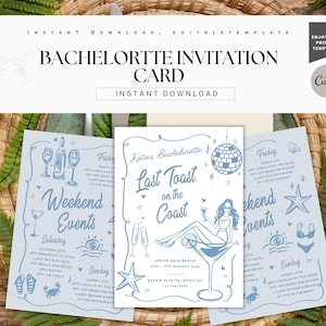 Dernier toast sur la côte Invitation de Zazzle.be Liste d'envies Vous avez des idées ? Invitation EVJF modifiable | Carte de fête de plage imprimable | Tribu de la mariée en téléchargement numérique