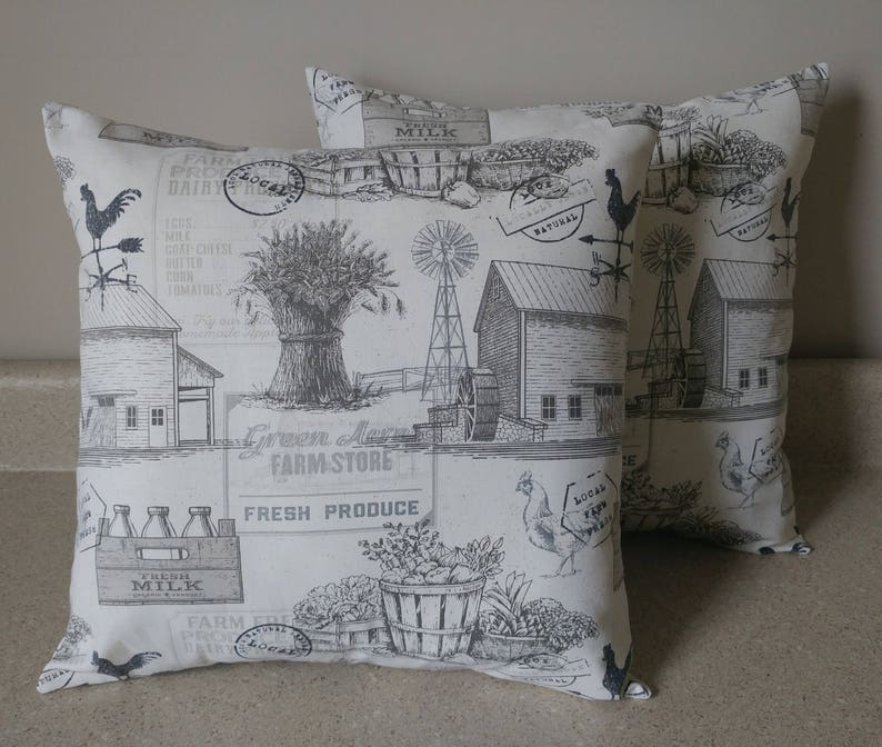 2 Farm House Farmhouse Rooster Grain Toile Barn Country Pillow Etsy