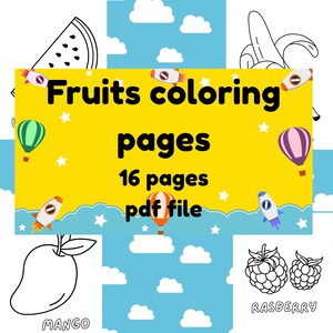 Fruit Coloring Pages for Kids, Printable Fruit Activity for Toddlers, Kawaii Fruit Coloring, Summer Preschool Worksheet, Cute Food Clipart