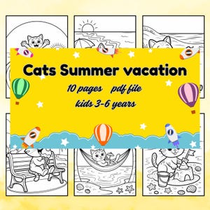 Summer Cats Coloring Pages – Kawaii Cat Printable PDF | Cute Toddler Coloring Sheets, Ages 3-6, Digital Activity Book for Kids