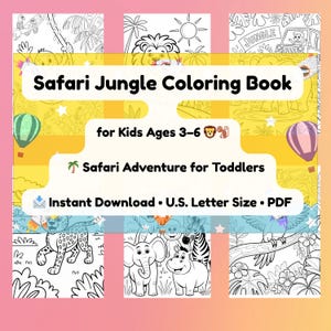 Safari Jungle Coloring Pages for Kids – Printable Animal Activity Book Ages 3–6 – Cute Jungle Animals – Bonus Gift Included – PDF Download