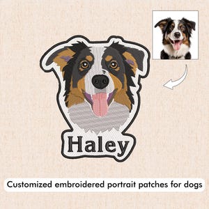 May include: Embroidered patch featuring a dog portrait with the name "Haley" in black. The dog has black, brown, and white fur, with its tongue sticking out. The patch is outlined in white.