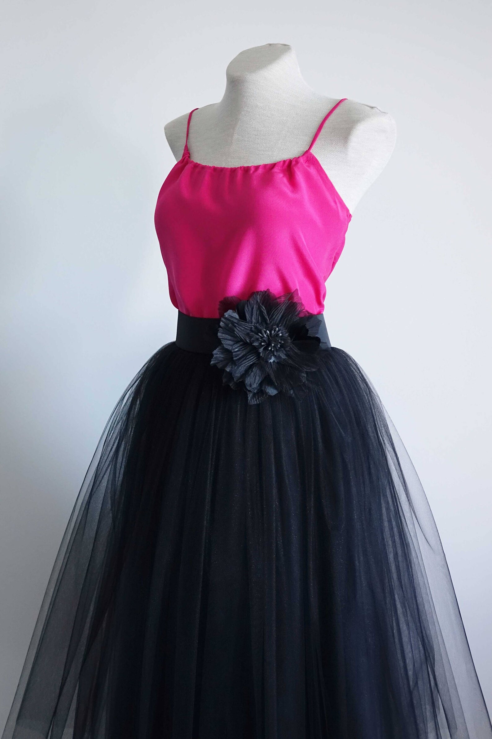 Long Pleated Tulle Skirt - Black
