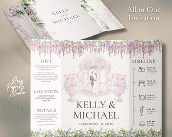 Whimsical Garden Gatefold Wedding Invitation Template | 2 Sided Editable Canva Folded Elegant Wedding Trifold Invitation Aesthetic RSVP card