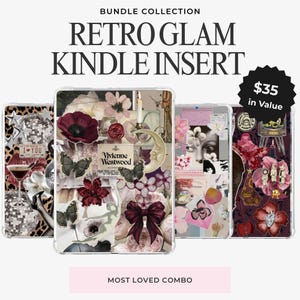 Pode incluir: Coleção de capas Kindle Retro Glam. As capas apresentam vários designs, incluindo colagens florais, borboletas e uma bola de discoteca. O texto nas capas inclui "I You" e "Vivienne Westwood".