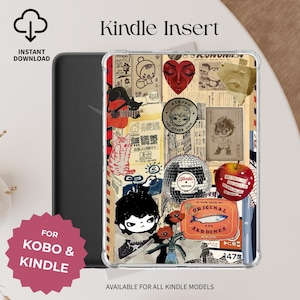 May include: A clear protective case for an e-reader featuring a collage of various illustrations including a red heart, a disco ball, a red apple with text, a sardine tin label, a black cat, and several anime-style characters on a beige background.