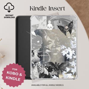Pode incluir: Inserção para Kindle com um design de colagem em preto e branco com uma caveira, um morcego e elementos florais. A inserção é para dispositivos Kobo e Kindle. As palavras "Kindle Insert" e "Instant Download" são visíveis.