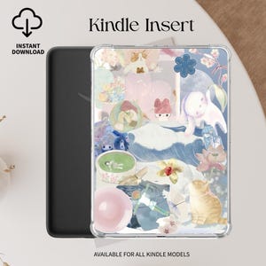 Puede incluir: Inserto transparente para Kindle con un colorido collage de ilustraciones, incluyendo gatos, flores y figuras caprichosas. El texto "Kindle Insert" está en la parte superior, con "Instant Download" y "Available for all Kindle models" también visibles.