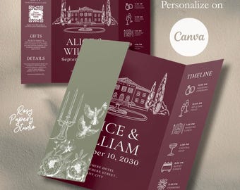 Maroon & Olive Gatefold Wedding Invitation Template | 2 Sided Editable Canva Folded Wedding Trifold Invitation Old Money Aesthetic RSVP card