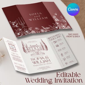 May include: A burgundy and white wedding invitation, featuring the names "Sofia and William" and a wedding timeline. The invitation is a tri-fold design with floral and architectural illustrations. The text "Editable Wedding Invitation" is at the bottom.