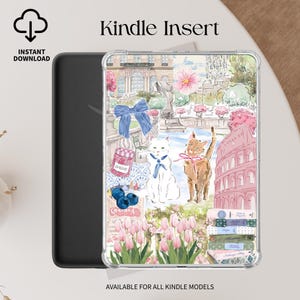 Parisian Garden Cats Kindle Insert, Spring Summer Kindle Decor, Blue Aesthetic Kindle Case Coastal, Printable Kindle Sticker Paper Cover