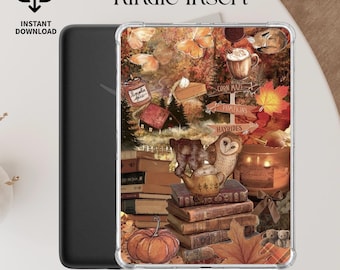 May include: A clear Kindle case with a fall-themed design. The case features a collage of autumn elements, including pumpkins, leaves, books, and a sign that reads "Corn Maze". The text "Kindle Insert" and "Instant Download" are also visible.