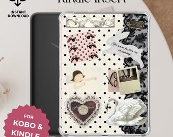 Polka & Swans Kindle Insert Coquette Kindle Case Insert Vintage Romantic Printable Kindle Decor Summer Digital Download Kobo Black and White
