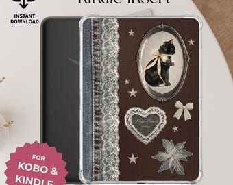 Gothic Cat Kindle Case Insert Chic Vintage Denim Lace Brown Aesthetic Romantic Printable Digital Download Kindle Kobo