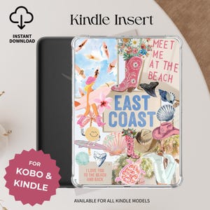 以下が含まれることがあります： ビーチをテーマにしたデザインの透明なKindleケースインサート。インサートには、カウボーイブーツ、貝殻、テキスト「Meet Me At The Beach」と「East Coast」のイラストが描かれています。ケースは黒いKindleと一緒に表示されています。