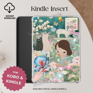 Può includere: Una custodia trasparente per Kindle con un colorato design floreale e animale. La custodia presenta un gatto nero, un gatto bianco, un coniglio bianco e una ragazza con un'espressione severa. Il testo sulla custodia recita "Kindle Insert" e "For Kobo & Kindle".