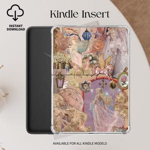 May include: A clear Kindle case insert featuring a collage design. The design includes a pink pegasus, butterflies, flowers, and a woman in a pink dress. Text reads "Kindle Insert" and "Available for all Kindle models."