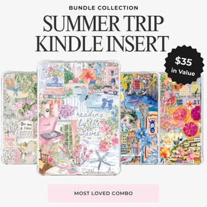 May include: A bundle of Kindle inserts with colorful, artistic designs. The inserts feature floral, coastal, and travel-themed illustrations, with text that reads "Summer Trip Kindle Insert" and "Most Loved Combo". One insert has a $35 value.
